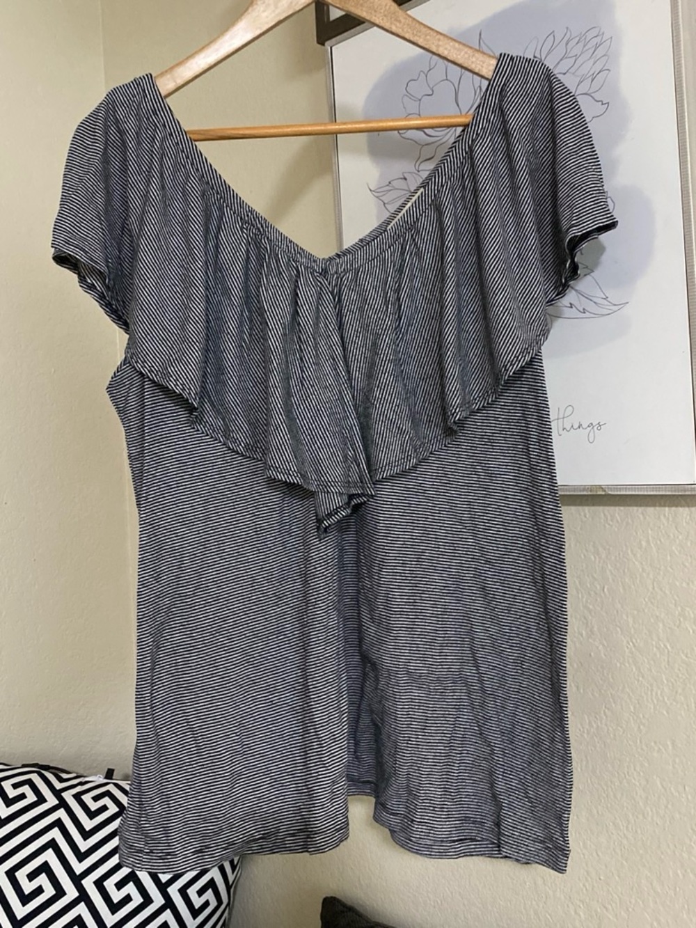 Pleione Black & White Striped Ruffle Off-Shoulder Tunic